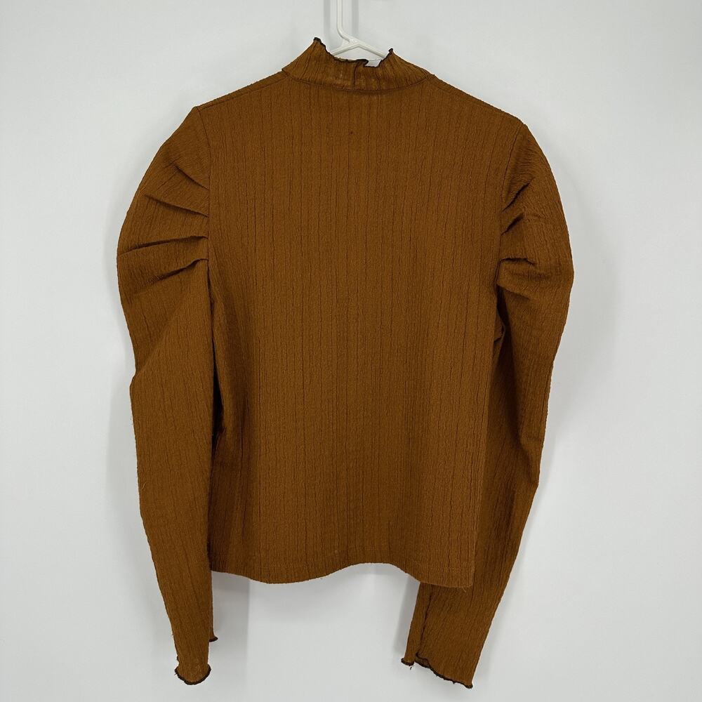 Free People Sweater Womens Large Brown Textured Puff Sleeve High Neck Boho Top - Picture 8 of 14